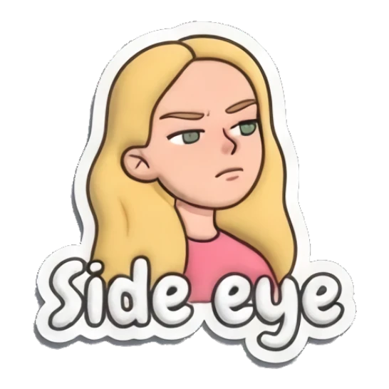 Blonde girl giving a skeptical side eye with Side eye text Playful Blonde Girl Expressions sticker for expressive chats and social replies.