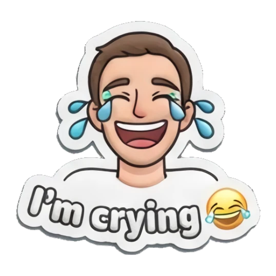Man laughing hysterically with tears of joy with text I'm crying Everyday Guy Expressions sticker for expressive chats and social replies.