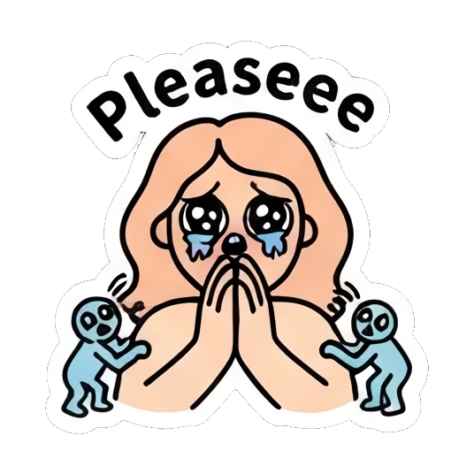 Girl pleading with teary eyes, text Pleaseee Keith Haring Style Girl sticker for expressive chats and social replies.
