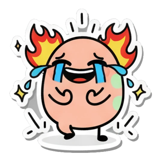 Crying egg with flames on head and tears flowing. Little Egg Emotions sticker for expressive chats and social replies.