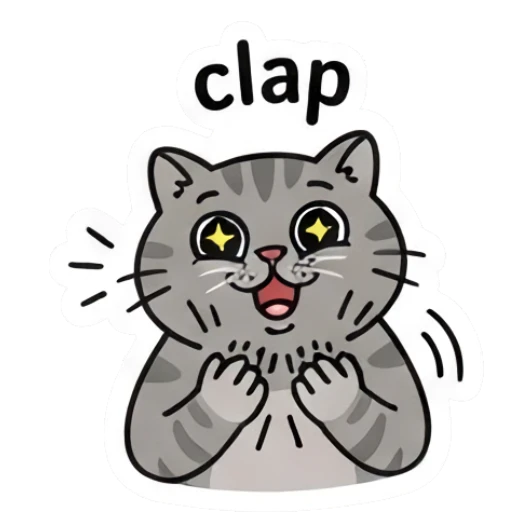 Grey cat clapping with excited eyes and text clap Grumpy Grey Cat Daily sticker for expressive chats and social replies.