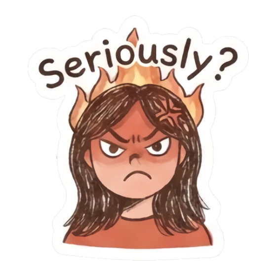 Girl with a flaming head and angry expression, looking serious. Sketchy Girl Daily Vibes sticker for expressive chats and social replies.
