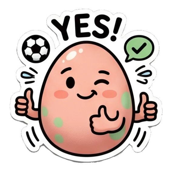Cheerful spotted egg giving a thumbs up, 'Yes!' text. Spotted Egg Adventures sticker for expressive chats and social replies.