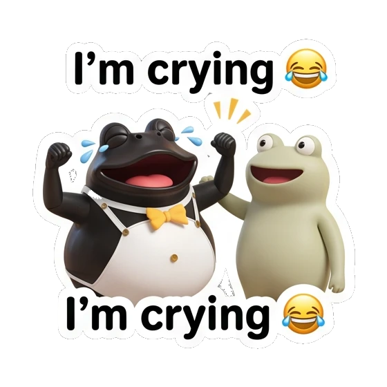 Frog crying with joy next to a friend, text I'm crying Fancy Frog Sports Club sticker for expressive chats and social replies.