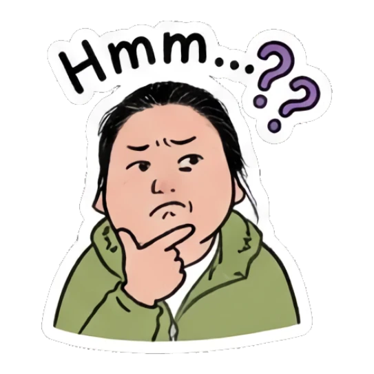 Girl thinking with hand on chin, text Hmm Daily Moods of a Girl sticker for expressive chats and social replies.