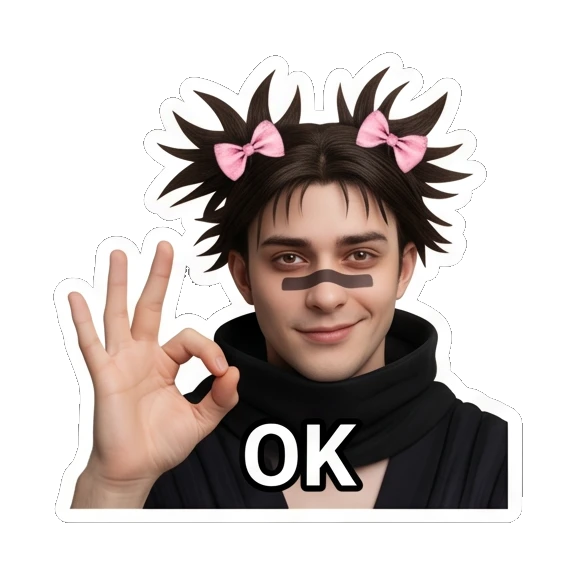 Young man with spiky hair and pink bows making an OK hand gesture with text OK Spiky Hair Boy Reactions sticker for expressive chats and social replies.