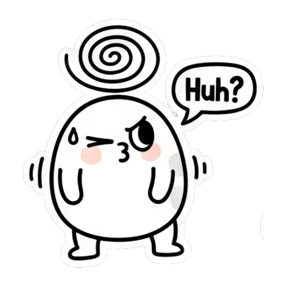 Confused egg character with swirl above head saying Huh? Doodle Egg Expressions sticker for expressive chats and social replies.