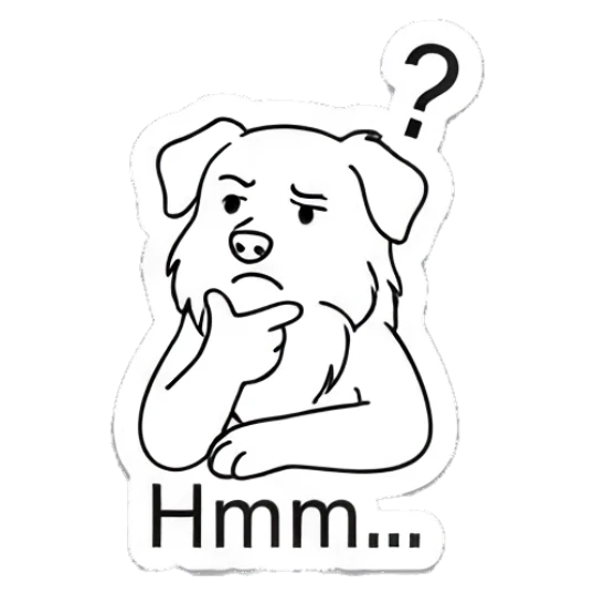 Thoughtful dog with a finger on chin and a question mark Indie Line Art Doggy sticker for expressive chats and social replies.