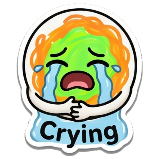 Sad spaghetti character sobbing with 'Crying' text. Spaghetti Buddy Expressions sticker for expressive chats and social replies.
