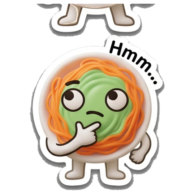 Spaghetti bowl with finger on chin and 'Hmm...' text, thoughtful. Spaghetti Moods sticker for expressive chats and social replies.