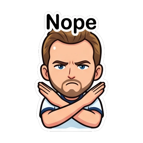 Bearded man saying nope with arms crossed in a firm gesture Cheerful Bearded Guy sticker for expressive chats and social replies.