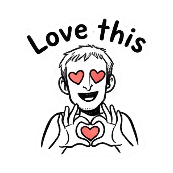 Man making a heart shape with hands and heart eyes saying Love this Doodle Guy Daily Vibes sticker for expressive chats and social replies.