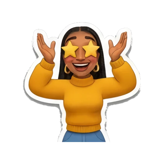 Young woman jumping with star-shaped eyes, text 'Let's go!' Vibrant Afro-Style Expressions sticker for expressive chats and social replies.