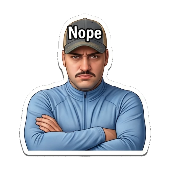 Man with mustache in cap looking stern with arms crossed Mustache Guy Daily Vibes sticker for expressive chats and social replies.