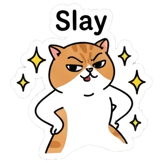 Confident ginger cat with hands on hips and 'Slay' text. Ginger Cat Daily Vibes sticker for expressive chats and social replies.