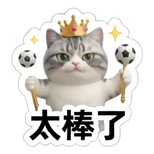 Gray cat wearing a crown holding soccer balls, text '太棒了' Sporty Gray Cat Adventures sticker for expressive chats and social replies.