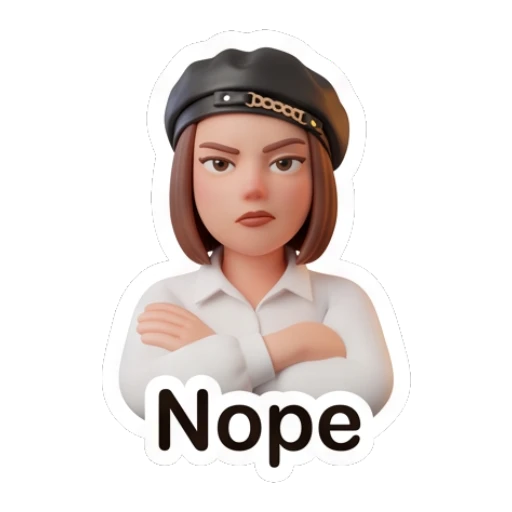 Disapproving girl in beret with arms crossed, text Nope. Chic Beret Girl sticker for expressive chats and social replies.