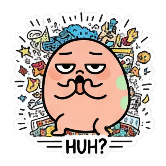 Doodle egg with a mustache looking puzzled and silly, text HUH? Doodle Egg Adventures sticker for expressive chats and social replies.