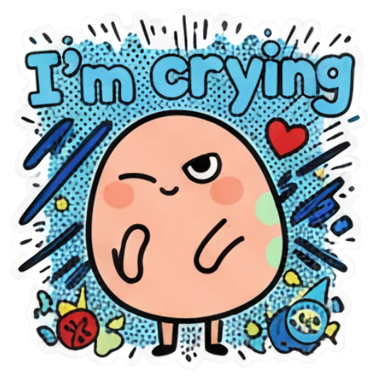 Winking egg character with text 'I'm crying' in a blue frame. Keith Haring Style Egg Expressions sticker for expressive chats and social replies.