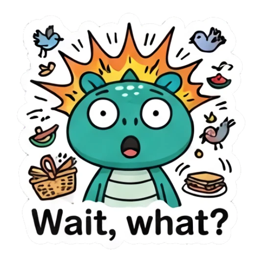Shocked green dinosaur with explosive background and text Wait, what? Dino Pop Expressions sticker for expressive chats and social replies.