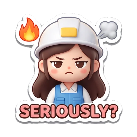 Construction girl looking angry with fire symbol saying SERIOUSLY Yewab Construction Crew sticker for expressive chats and social replies.