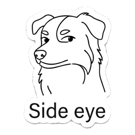 Side-eye dog looking skeptical and judgmental Indie Line Art Doggy sticker for expressive chats and social replies.
