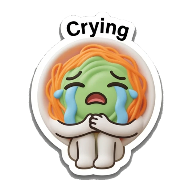 Spaghetti bowl crying with hands on face and 'Crying' text, sad. Spaghetti Moods sticker for expressive chats and social replies.