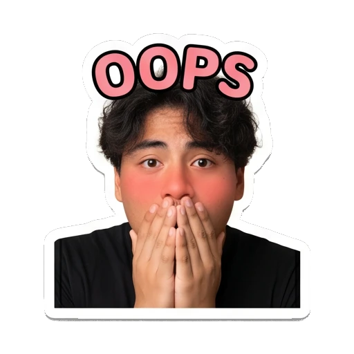 Young man looking embarrassed with blushing cheeks, text 'OOPS' Daily Life of a Cool Guy sticker for expressive chats and social replies.