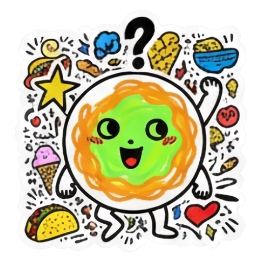 Circular food character confused with '?' text Doodle Foodie Vibes sticker for expressive chats and social replies.