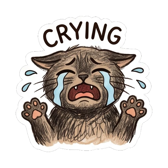 Sad black cat crying loudly with paws up and CRYING text Charcoal Sketch Kitties sticker for expressive chats and social replies.