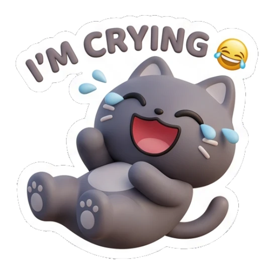 Happy grey cat laughing and crying tears of joy. Moody Grey Cat Daily sticker for expressive chats and social replies.