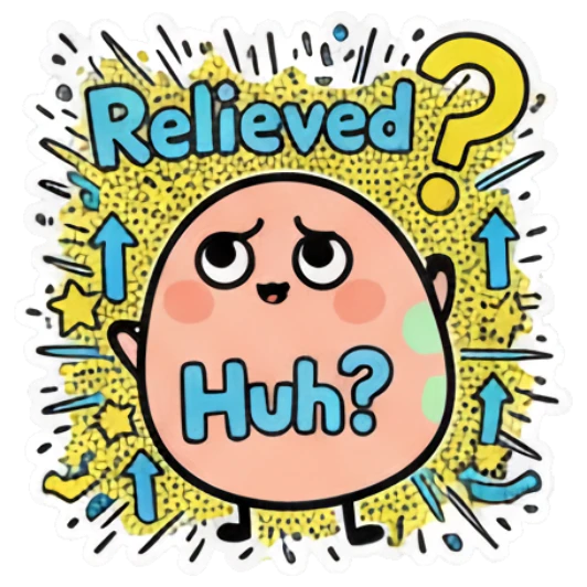 Confused egg character with 'Relieved' and 'Huh?' text. Keith Haring Style Egg Expressions sticker for expressive chats and social replies.