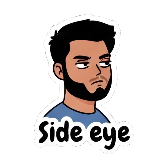 Skeptical bearded man giving a side-eye glance. Bearded Guy Daily Vibes sticker for expressive chats and social replies.