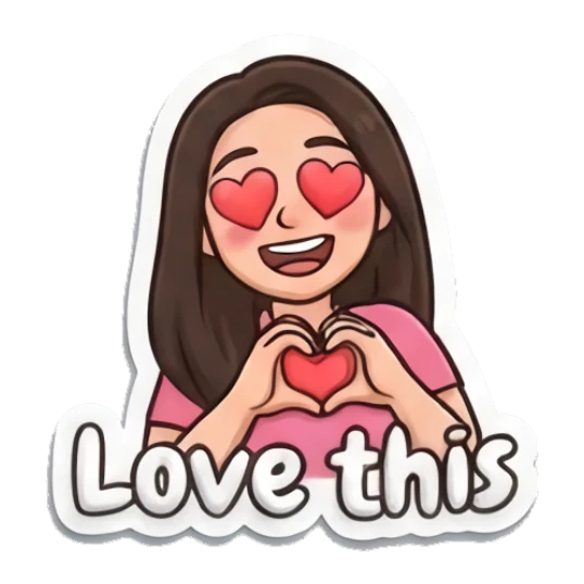 Girl making heart shape with hands and text Love this Puffy Girl Daily Vibes sticker for expressive chats and social replies.
