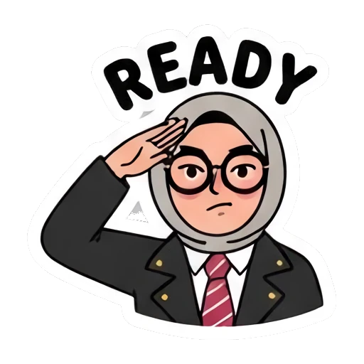 Hijabi student saluting, READY text Hijabi Student Daily Life sticker for expressive chats and social replies.