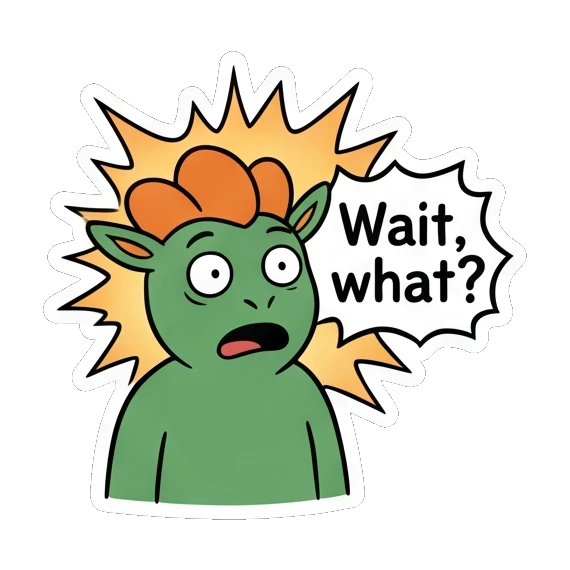 Surprised green goblin with wide eyes, text Wait, what? Green Goblin Mischief sticker for expressive chats and social replies.
