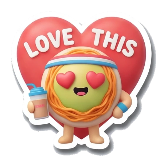 Noodle character with heart eyes holding protein shake with LOVE THIS text Gym Buddy Noodles sticker for expressive chats and social replies.