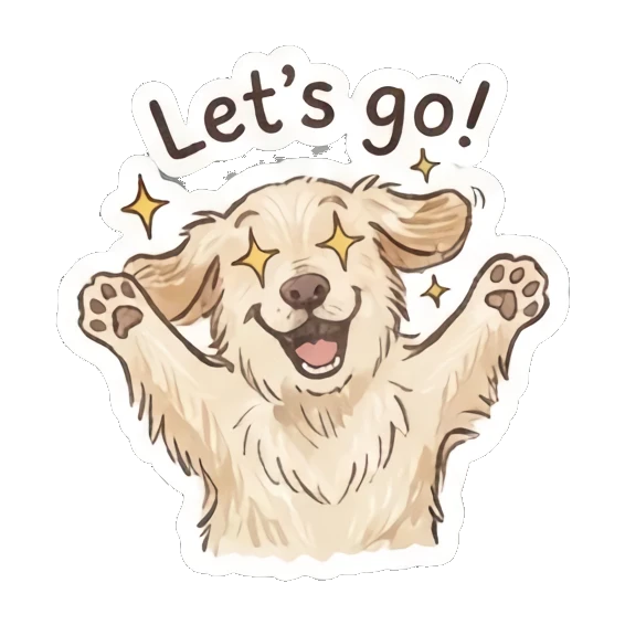 Excited golden retriever with star eyes, text Let's go! Golden Doodle Daily Vibes sticker for expressive chats and social replies.