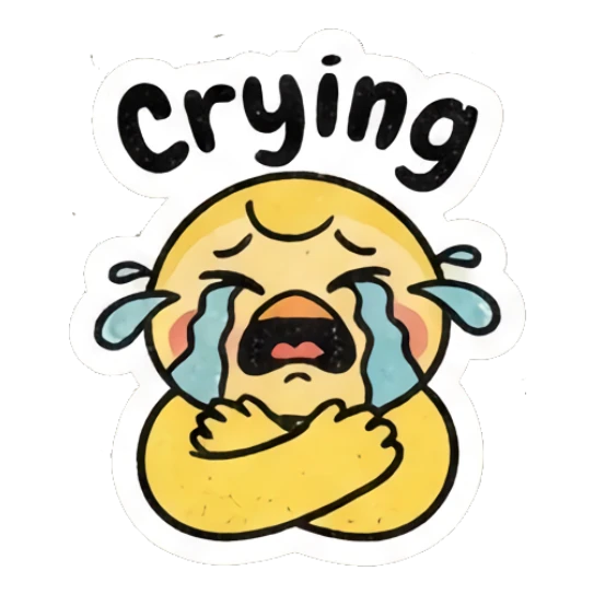 Sad yellow chick crying with heavy tears, text Crying. Gritty Retro Chick sticker for expressive chats and social replies.