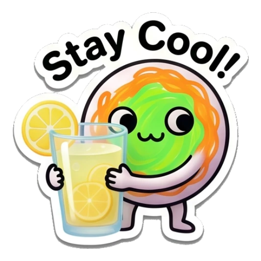 Citrus character holding a glass of lemonade with text Stay Cool! Citrus Buddy Adventures sticker for expressive chats and social replies.
