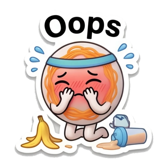 Embarrassed noodle character with a spilled drink and banana peel with text Oops Gym Noodle Buddies sticker for expressive chats and social replies.