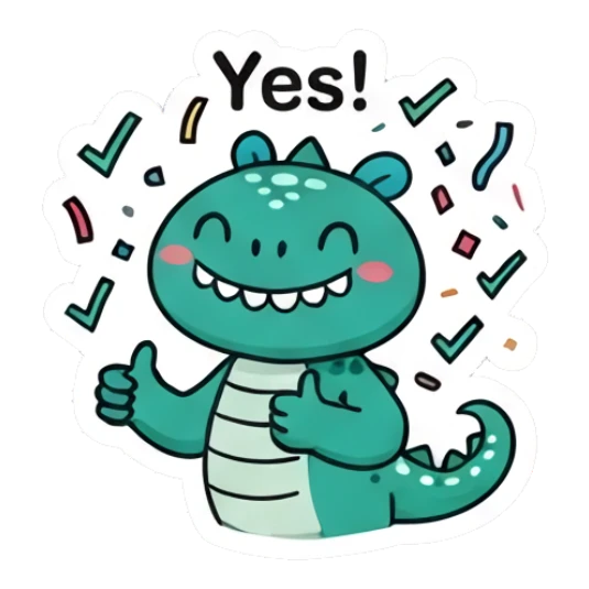 Happy green dinosaur giving a thumbs up with text Yes! Dino Pop Expressions sticker for expressive chats and social replies.
