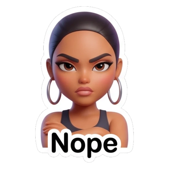 Serious girl with arms crossed, looking unimpressed, text says Nope. Modern Chic Girl Expressions sticker for expressive chats and social replies.