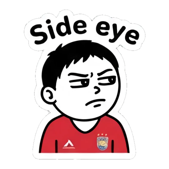 Skeptical soccer boy giving a side-eye glance with 'Side eye' text Keith Haring Style Soccer Boy sticker for expressive chats and social replies.
