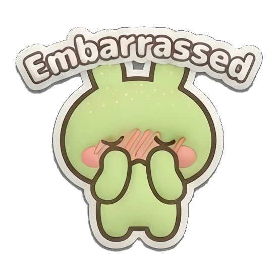 Shy green bunny covering face with hands and 'Embarrassed' text. Puffy Green Bunny Adventures sticker for expressive chats and social replies.