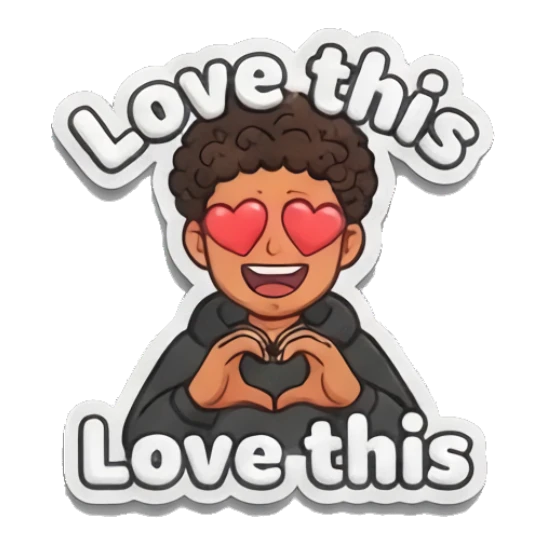 Curly-haired boy making a heart shape with hands and heart eyes. Curly Hair Boy Daily Vibes sticker for expressive chats and social replies.