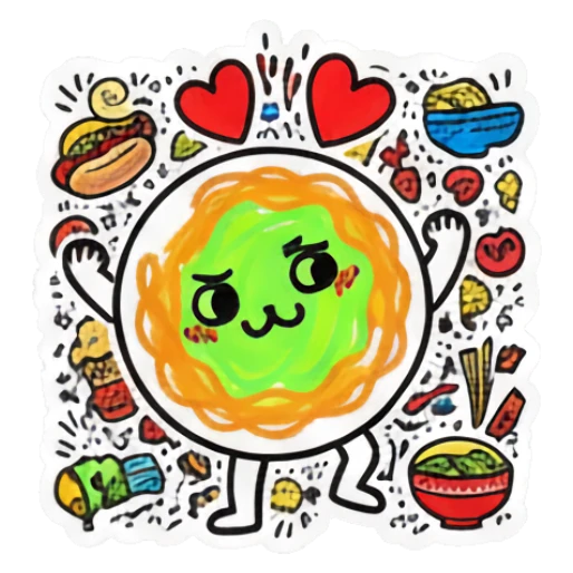 Circular food character with hearts and 'LOVE THIS' text Doodle Foodie Vibes sticker for expressive chats and social replies.
