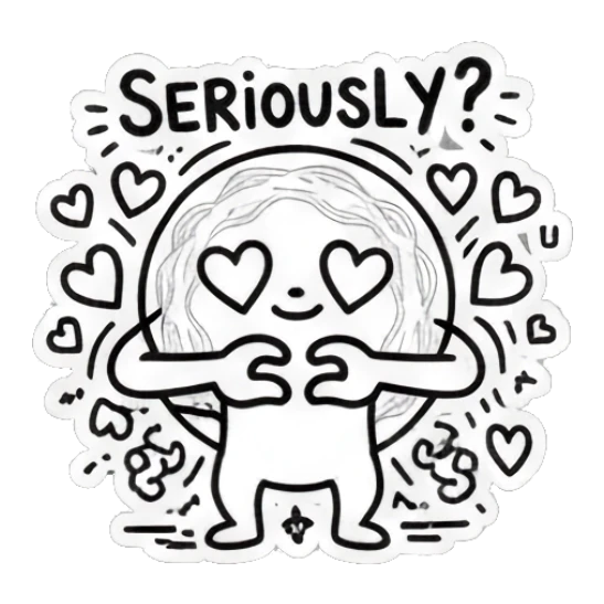Round doodle character with heart eyes and 'SERIOUSLY?' text. Doodle Doodle Expressions sticker for expressive chats and social replies.