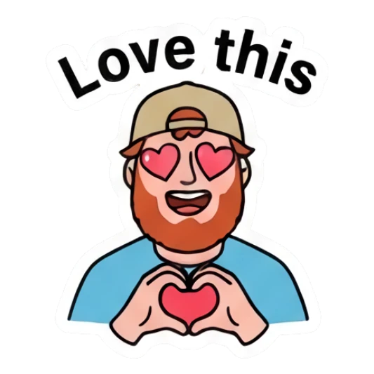 Bearded man with heart-shaped eyes making a heart gesture Bearded Guy Daily Vibes sticker for expressive chats and social replies.