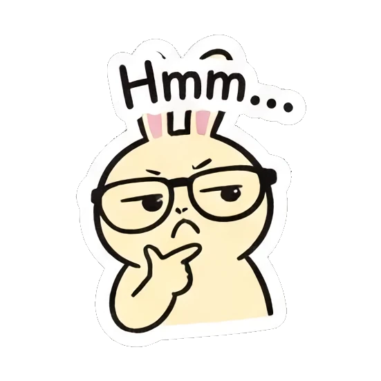 Thinking rabbit with a hand on chin. Smart Bunny Daily Moods sticker for expressive chats and social replies.